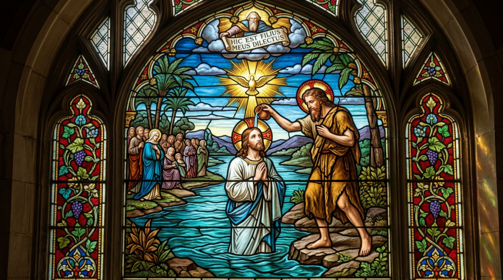 Stained glass window showing John baptizing Jesus in a river with a dove and God above