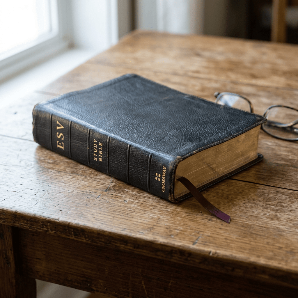 ESV Study Bible with black leather cover and gold-edged pages on wooden table