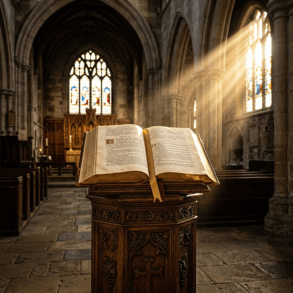 Open Bible on wooden lectern with sunlight streaming through stained glass windows in a gothic church
